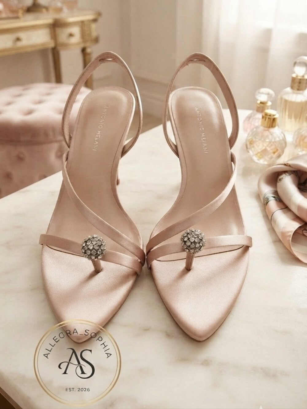 ANTONIO MELANI Ames Blush Satin Crystal-Accent Slingback Dress Heels Size 6.5